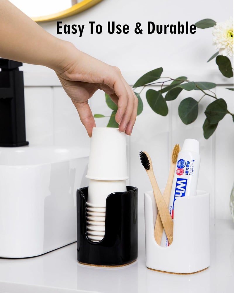Viosuniu 5 oz Square Ceramic Bathroom Cup Dispenser for Kids and Pregnancy - Disposable Paper Cup Holder for Mouthwash Cups on Bathroom Vanity Countertop (Black-1, 1 Pack) - Image 3